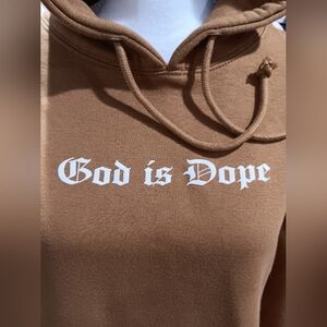 Lane 7 God is dope"  camel colored slipover hoodie size Medium